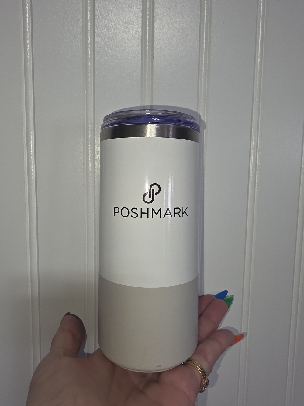 POSHMARK White and Light Gray Travel Tumbler with  Lid